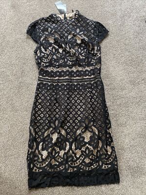 NWT $90 Metaphor Missy SL LACE OLAY FNF DRESS, black and  beige/ gold,SIZE 10,