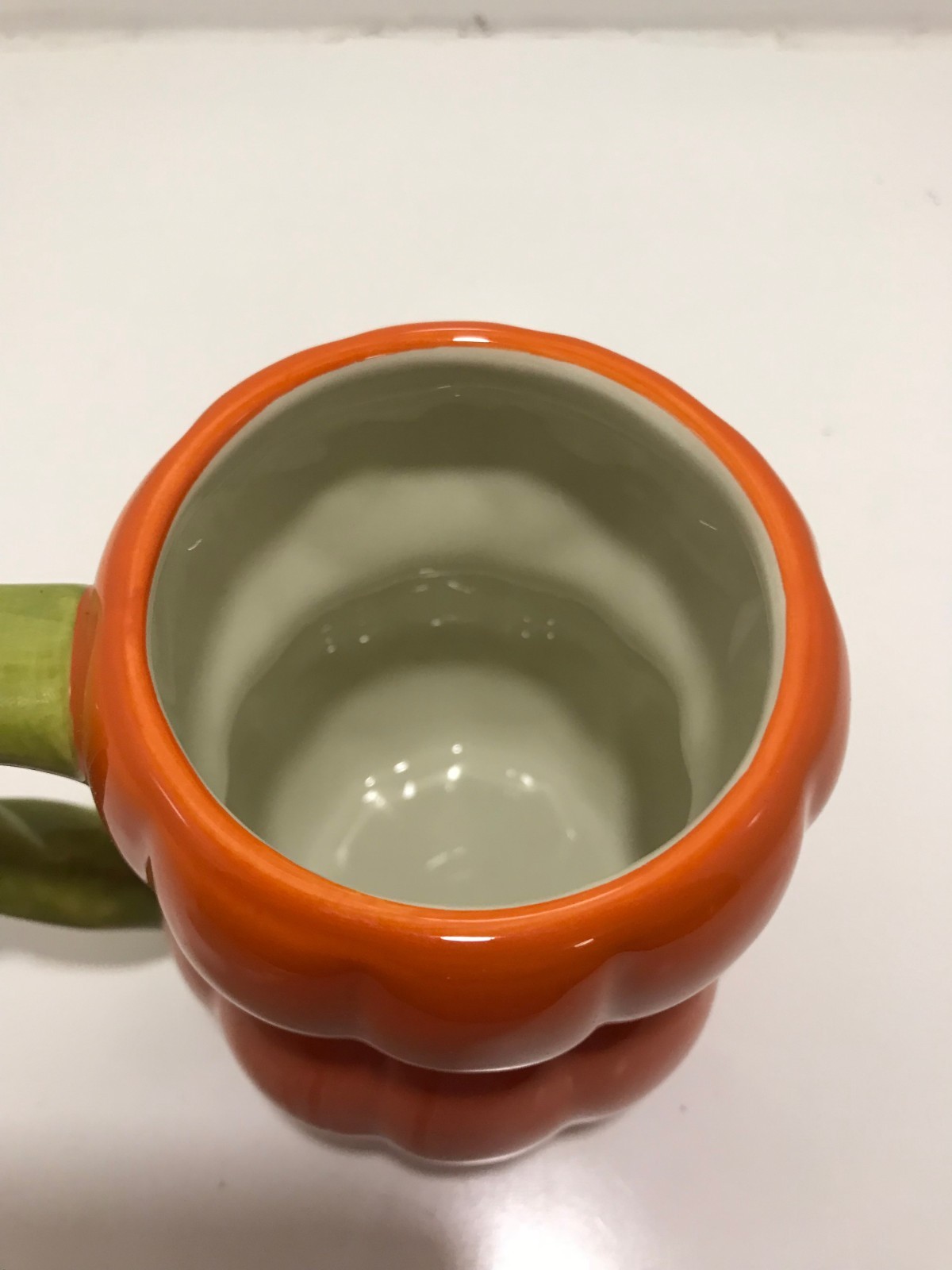 Halloween Coffee Mug Cup Double Pumpkin Orange Green Handle Tag Jack O' Lantern