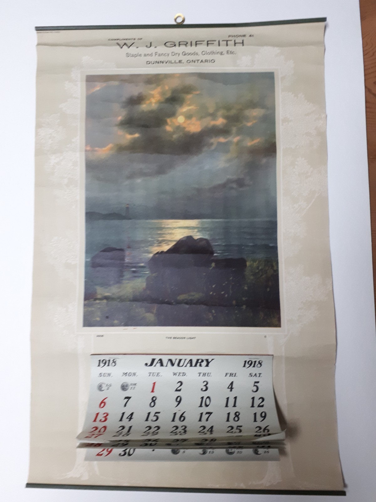 1918 Calendar Vintage Advertising. Lighthouse Scene, Dunnville, ON