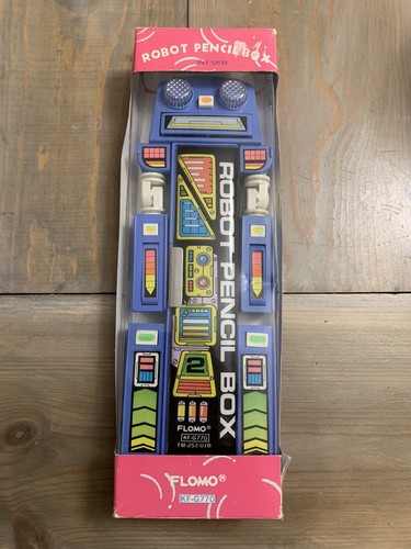 Vintage 80's Flomo Blue Robot Pencil Box, Rare KF-G770, Made