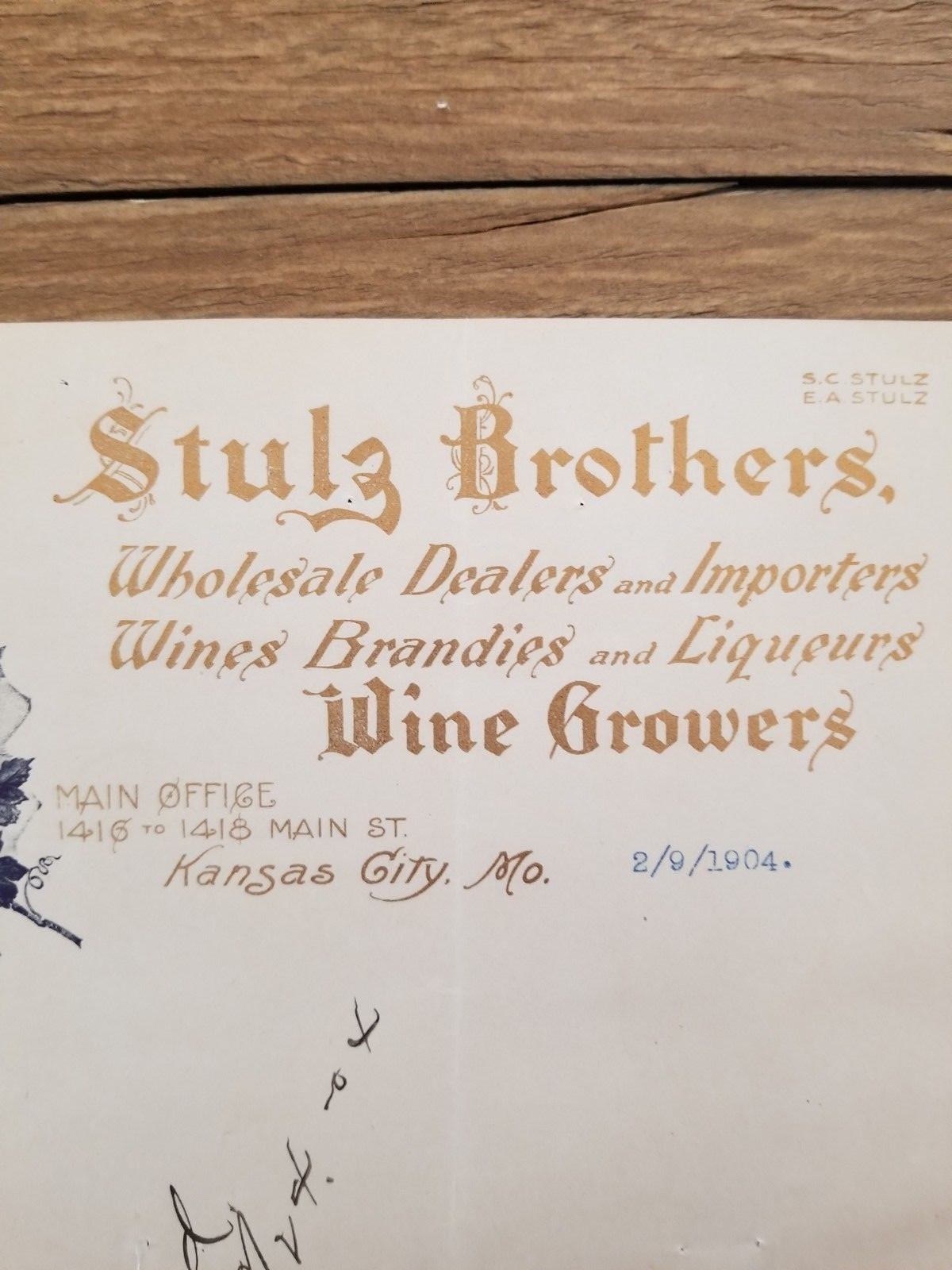 1904 Stulz Brothers Wines Billhead,Kansas City,Shimmering Gold Lettering,Signed