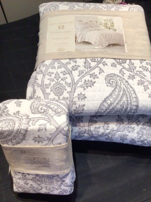 VILLA LUGANO 3 PC Set QUEEN Quilt coverlet & Shams SAMAIRA White Grey