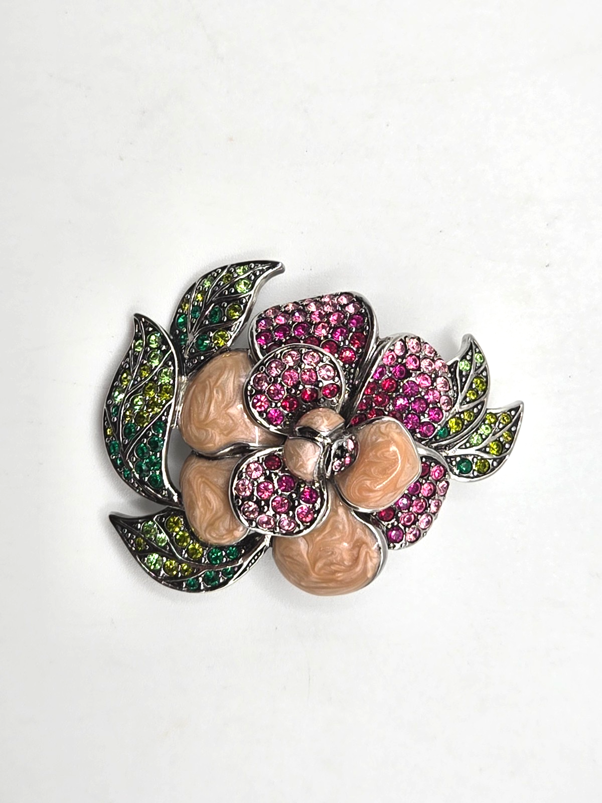 Coralee Limited Edition Floral Brooch Pink Green Rhinestones Enamel Petals  2.5"