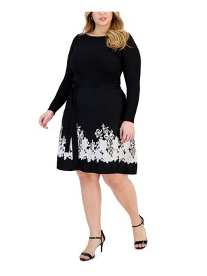 TAYLOR Womens Black Unlined Tie-belt Long Sleeve Sweater Dress Plus 2X