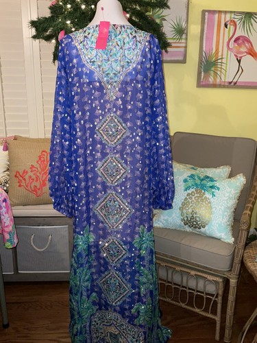 Pre-owned Lilly Pulitzer Jupiter Silk Maxi Caftan Blue Fan Favorite $548 S/m, L/xl In Multicolor