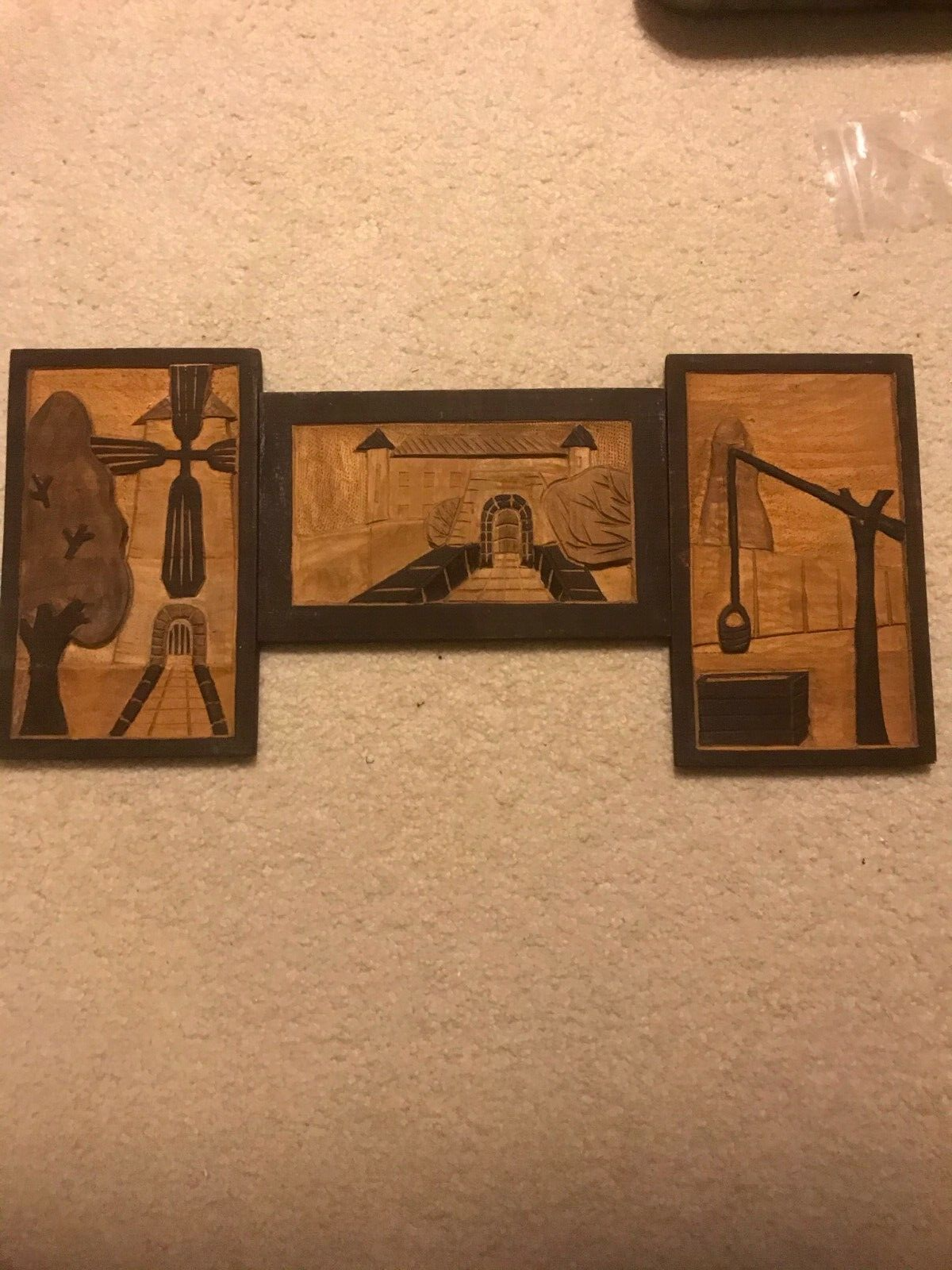 3 Hand Carved Wood Wall Hang Plaques Panels Carving Windmill Barn Farm Watering