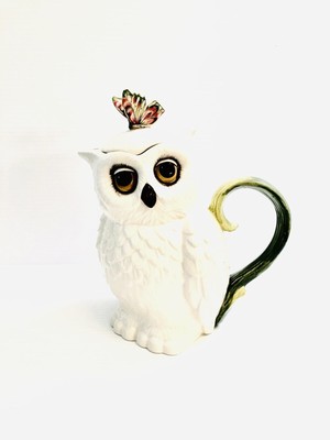 Fitz and Floyd Edie Rose Horne Collection White Owl w Butterfly Top Teapot w/Box