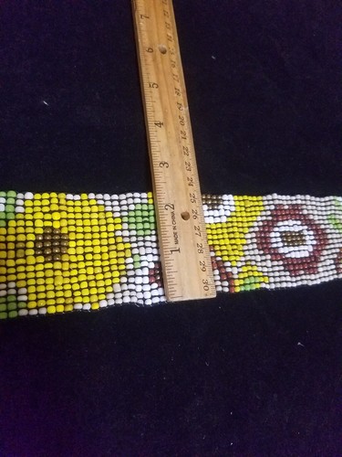 Vintage Mid Century Beaded Stretch Woman's Belt yellow brown 60s wood handles