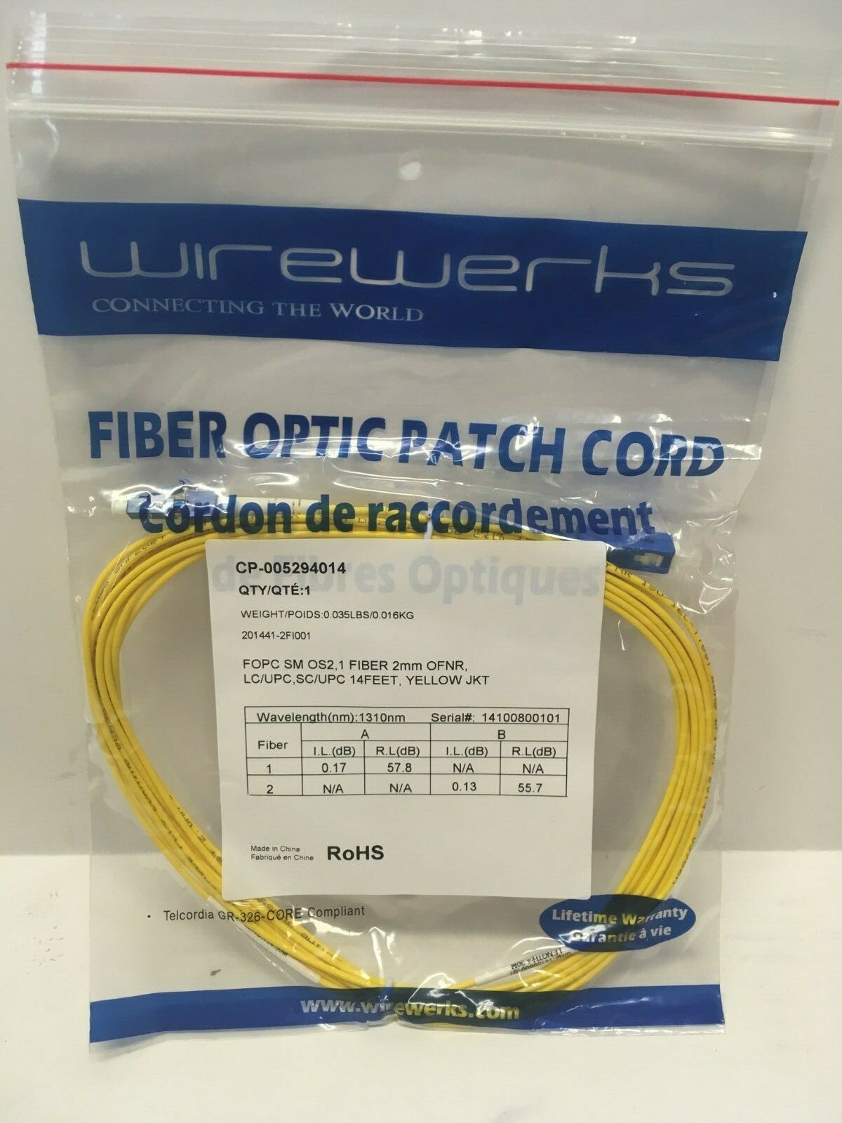 Wirewerks - Fiber Optic Patch Cord 14 Feet - Yellow