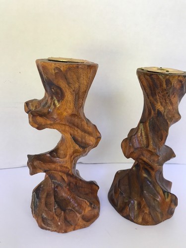 Vintage Handmade crafted carved natural wood wooden candle holders 6