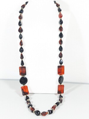 Vintage Brown Black Lucite Rectangle Round Disc Beaded Long Necklace 34 inch