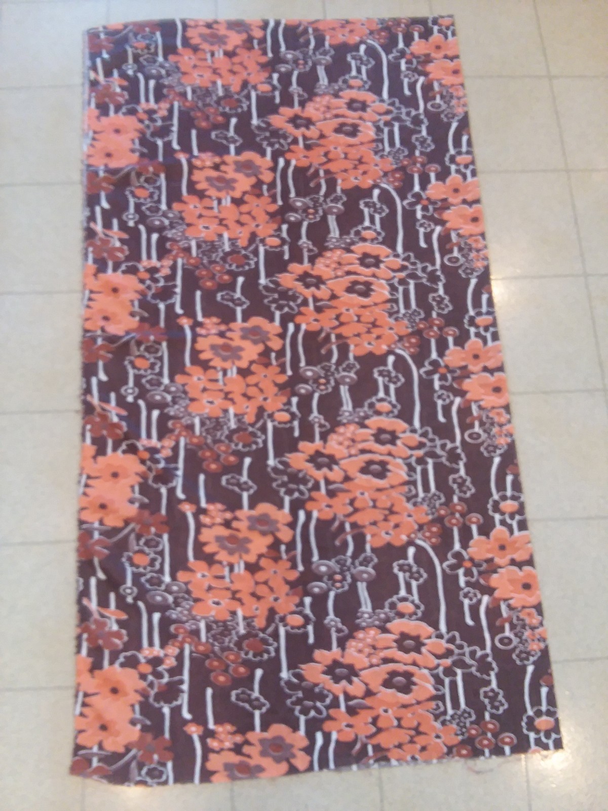 Retro Vtg Mod Orange & Brown Floral Double Knit Fabric Polyester 56