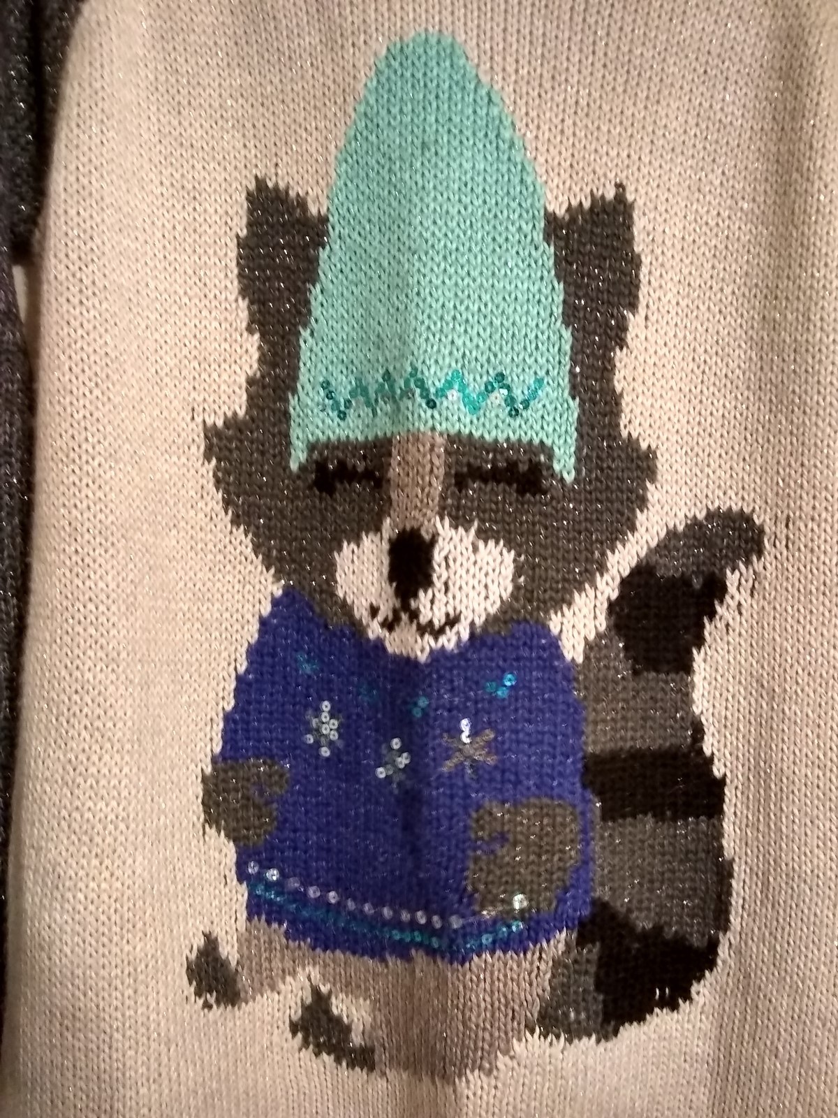 JUSTICE BRAND SWEATER, MULTI COLORS, RACCON IN THE MIDDLES, SIZEI 20