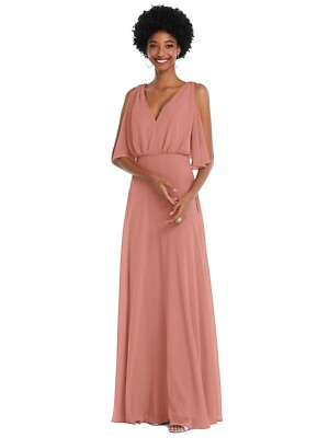 After Six Size 10 V-Neck Split Sleeve Blouson Dress Bridesmaid Desert Rose NWOT