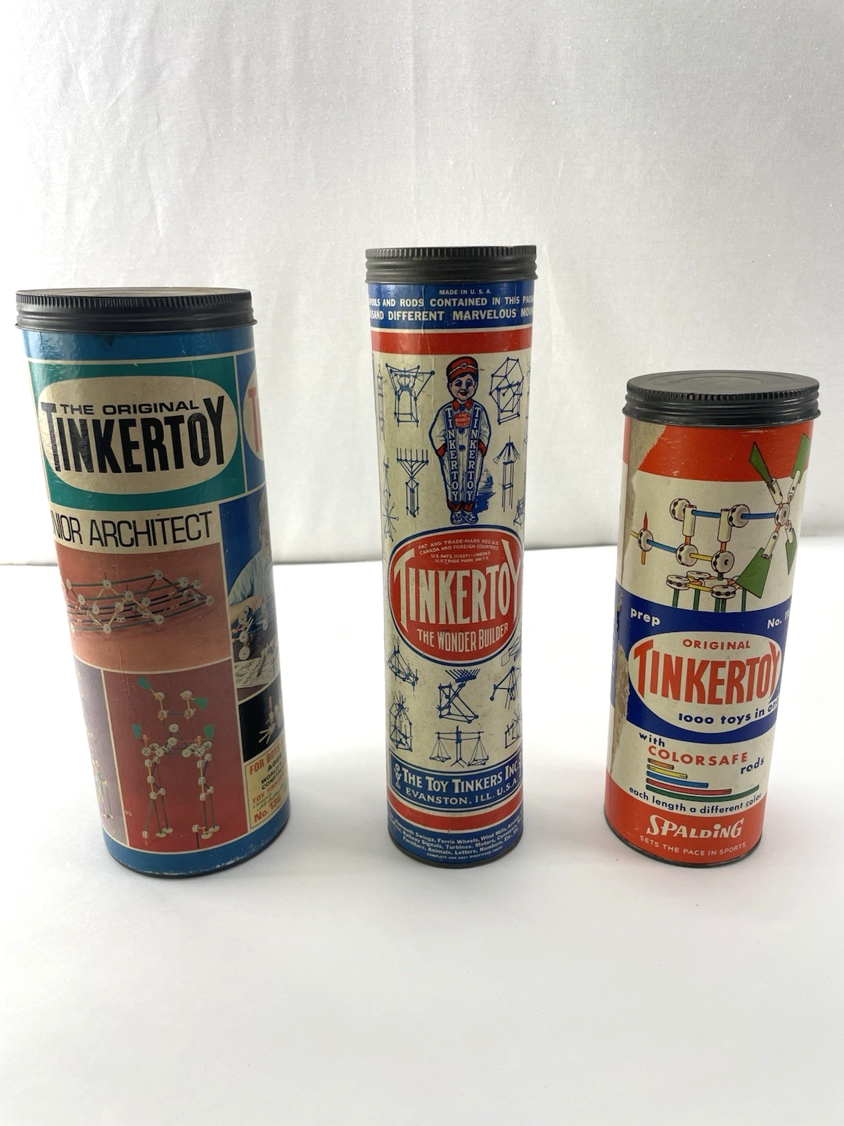 Lot of (3) ANTIQUE TINKERTOY Containers with random parts Free shipping