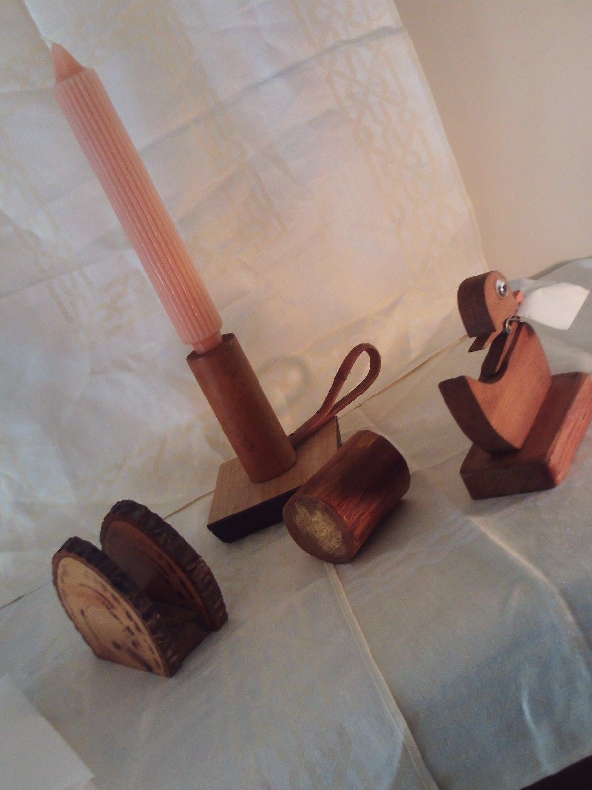 Lot of 4 Hand Made Carved Wood Napkin Tooth Pick Note Candle Holder Rustic Cabin