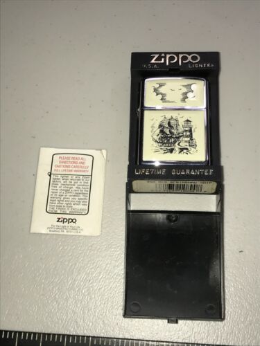 Zippo Lighter - No. 359 REG Scrimshaw Lighthouse Ship W/ Box + Paper