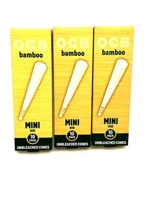 OCB Bamboo Cones Unbleached Mini Size 70mm Single Wide 3 Pks 30 Cones Total