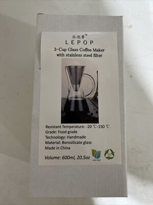 LEPOP 3 Cup Glass Hand Made Pour Over Coffee Maker With Stainless Steel Filter