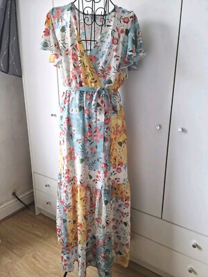 Blue Vanilla Summer Dress Size UK 14 Tiered Frill Long Patchwork Floral Pattern 