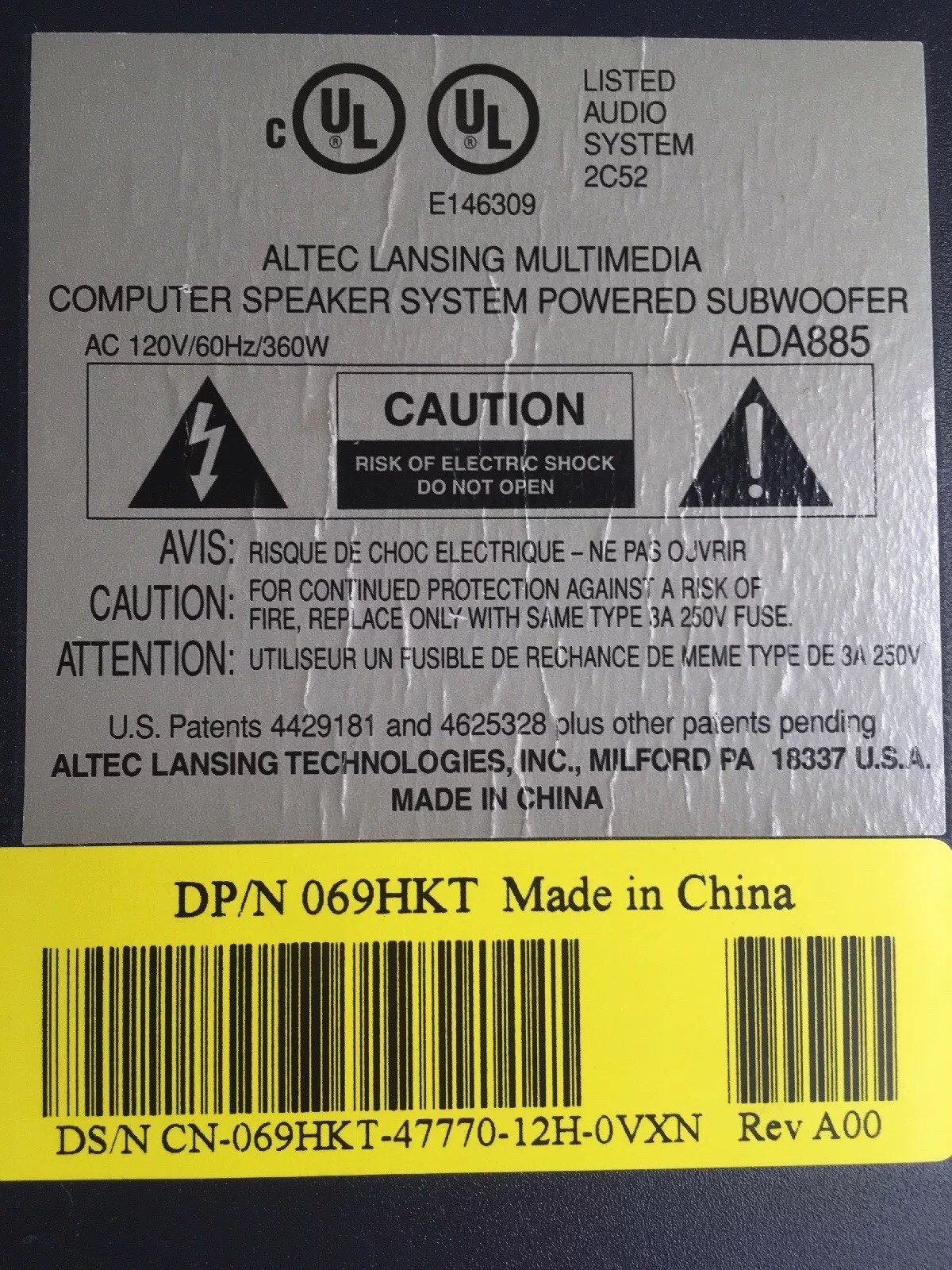 ALTEC LANSING ADA885 LucasFilm THX Subwoofer and Speakers FOR PARTS ONLY