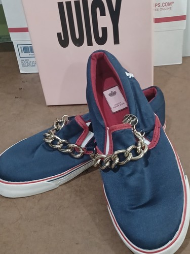 Juicy Couture Women's Sz 8 Slip-on Blue/Red Satin w/Gold
