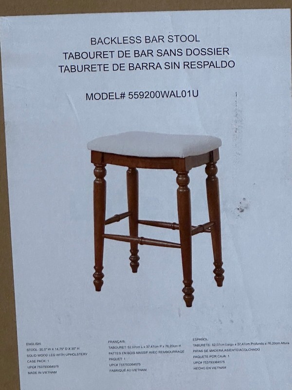 New Linon Marino Bar Height Backless Barstool Walnut Wood Cream Linen Cushion