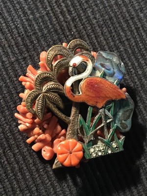 Vintage, Rare Enamel, Coral, Mother Of Pearl Flamingo, Palm Trees
