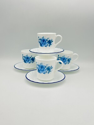 Corelle BLUE VELVET ROSE Swirl Mug Coffee Tea Cup & Saucer Set Of 4 USA MINT!