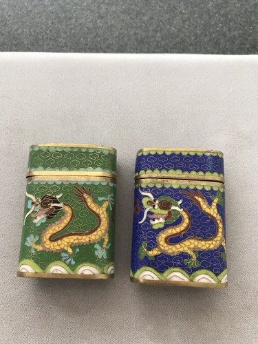 OLD CHINESE BRONZE CLOISONNE Blue And Green ENAMEL SMALL OPIUM CANISTER JAR BOXS