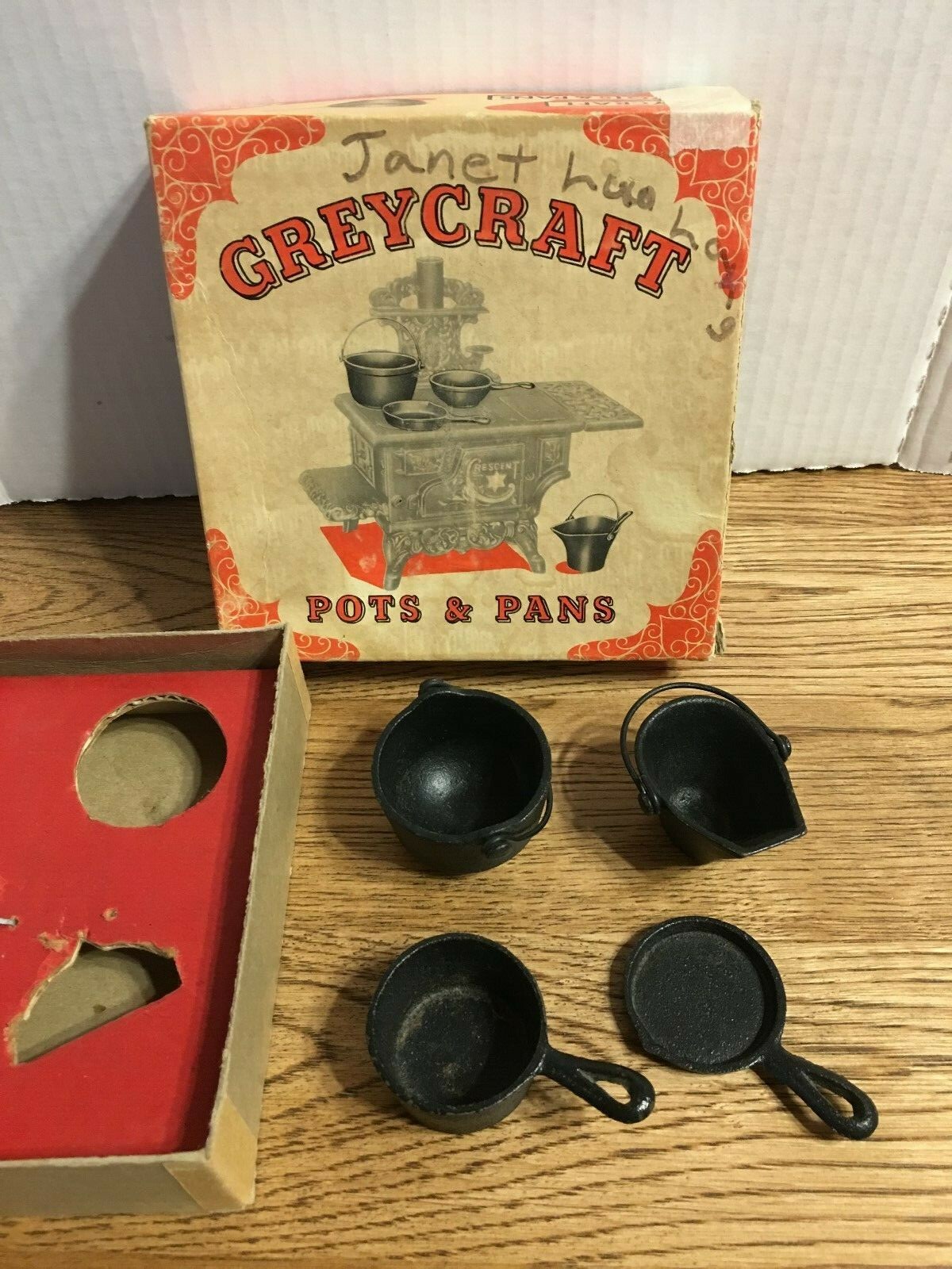 Vintage Greycraft Pots & Pans Set # U-120 Cast Iron Doll Size 4 Piece