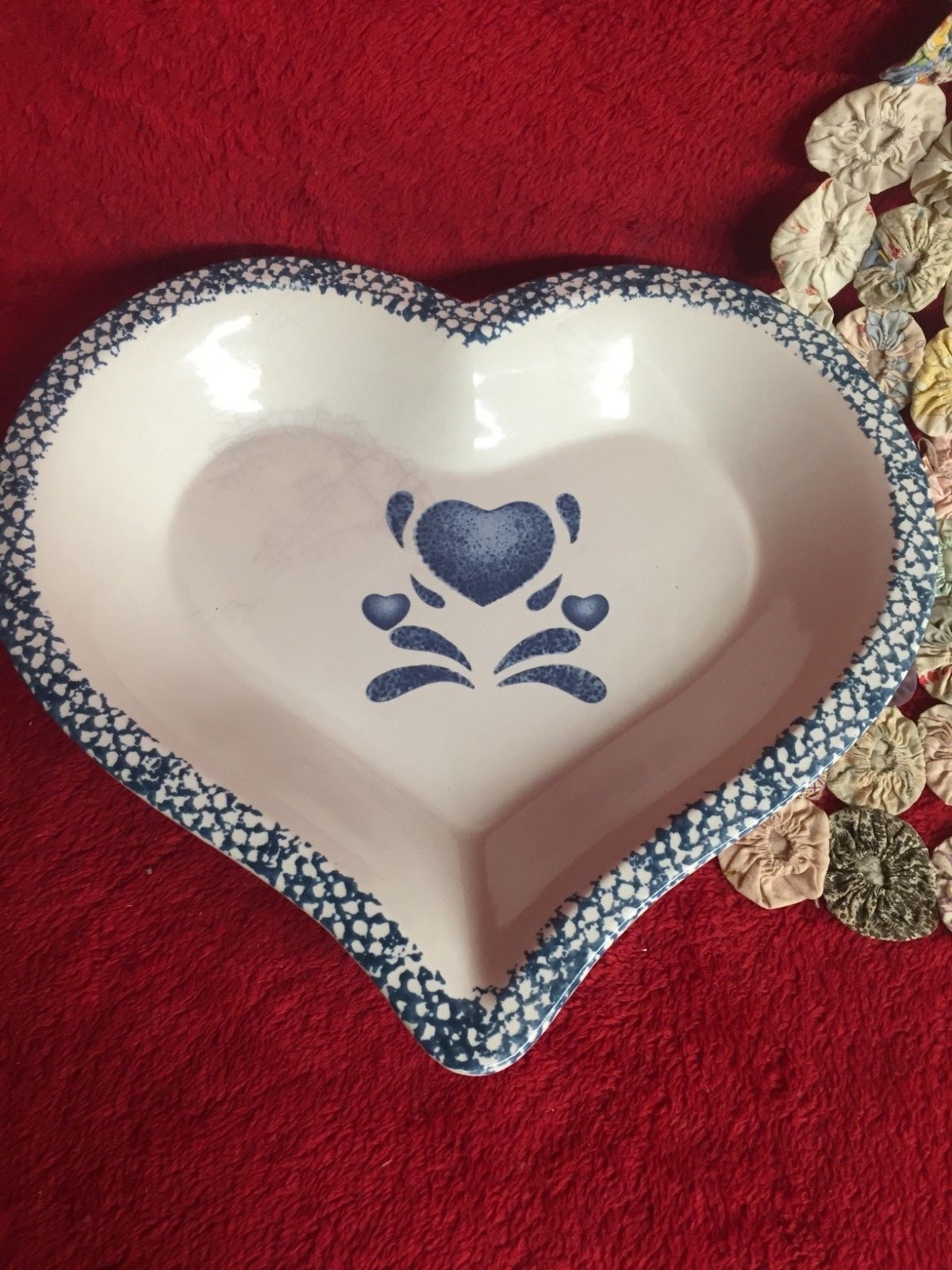 Vintage Blue Spatter or Sponge Stoneware Heart Shape Pie Pan or Bowl Pretty Cute