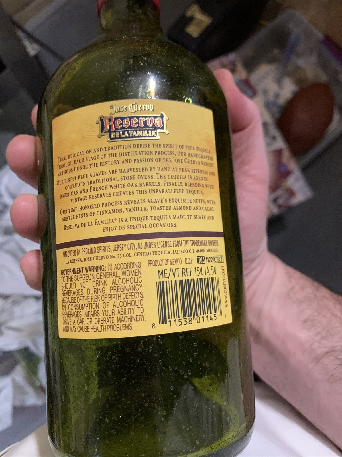The empty bottle of Jose Cuervo Reserva De La Familia extra anjeho tequila 750ml