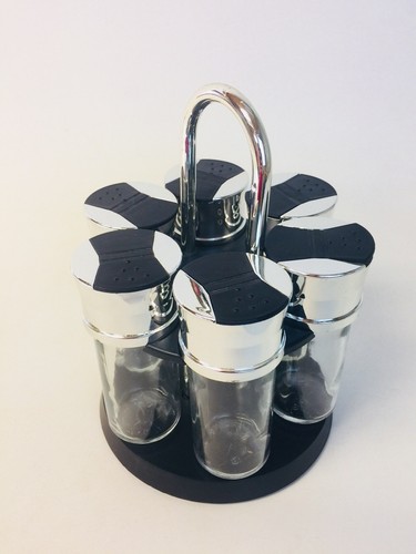 Lazy Susan Spice Rack Chrome Glass Bottles Six Compartments