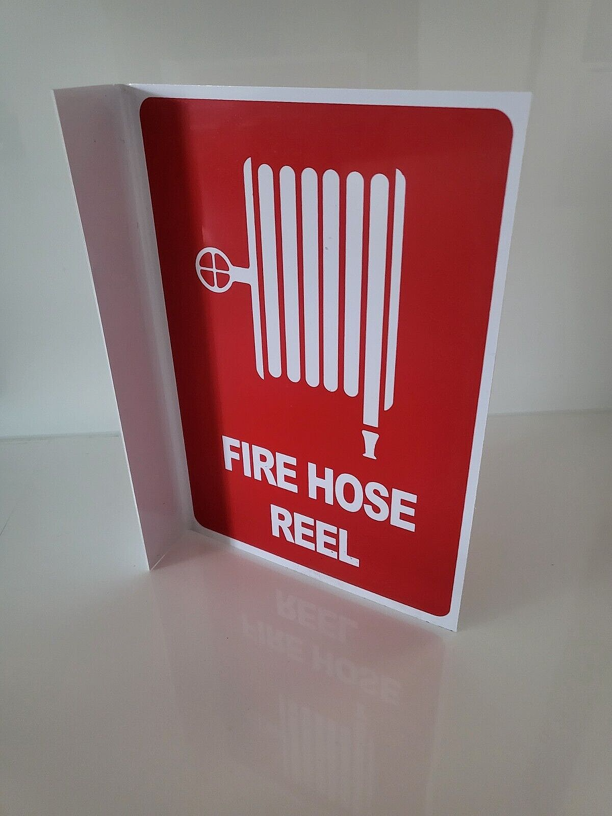 Right Angle Fire Extinguisher Hose Reel Location Sign 150mm x 220mm x 40mm. New.
