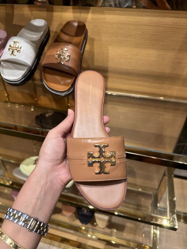 Pre-owned Tory Burch Everly Calf Leather Gold Logo Slide Sandals All Sizes Available