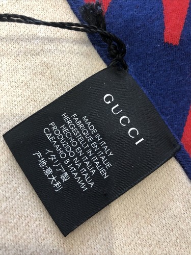 Pre-owned Gucci $450 Authentic  Jacquard Um Scarf Mens Blue Sapphire Red 35 X 180