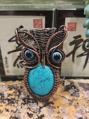 Owl Turquoise Gemstone Copper Wire Wrap Pendant, 3''