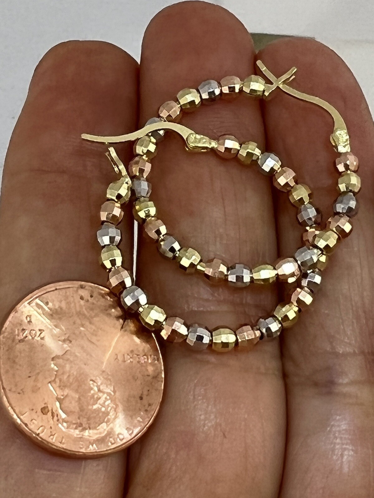Pre-owned Handmade Gold 14k Hoop Earring White Yellow Rose Tri Round Rosary Ball 25mm 1”