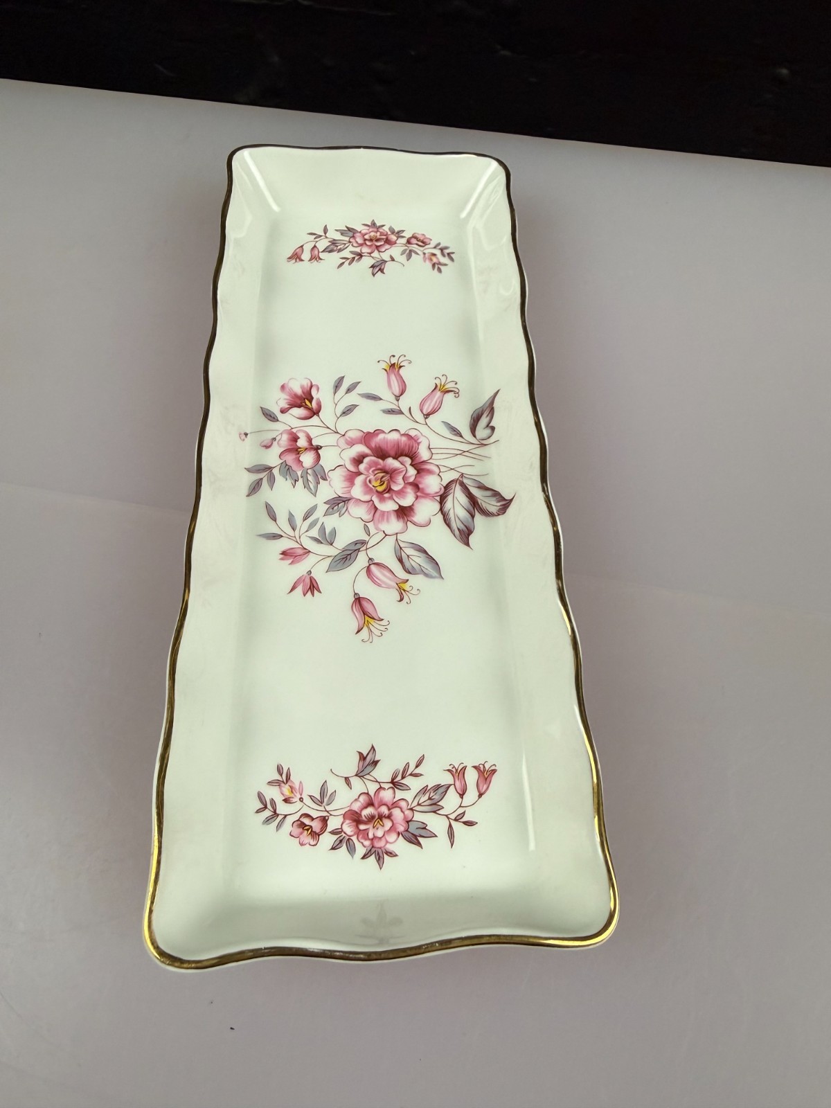 Aynsley Pink Flowers Rectangle Tray / Trinket Dish 25.5 cm x 10 cm