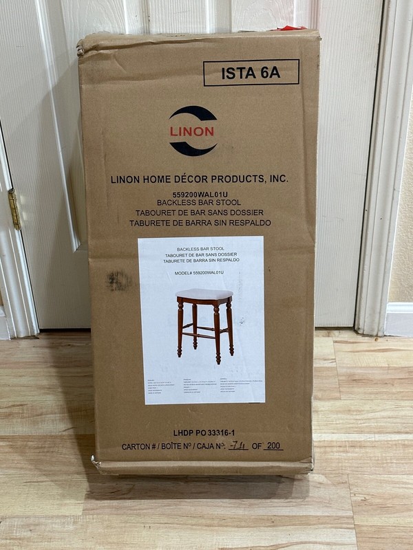 New Linon Marino Bar Height Backless Barstool Walnut Wood Cream Linen Cushion