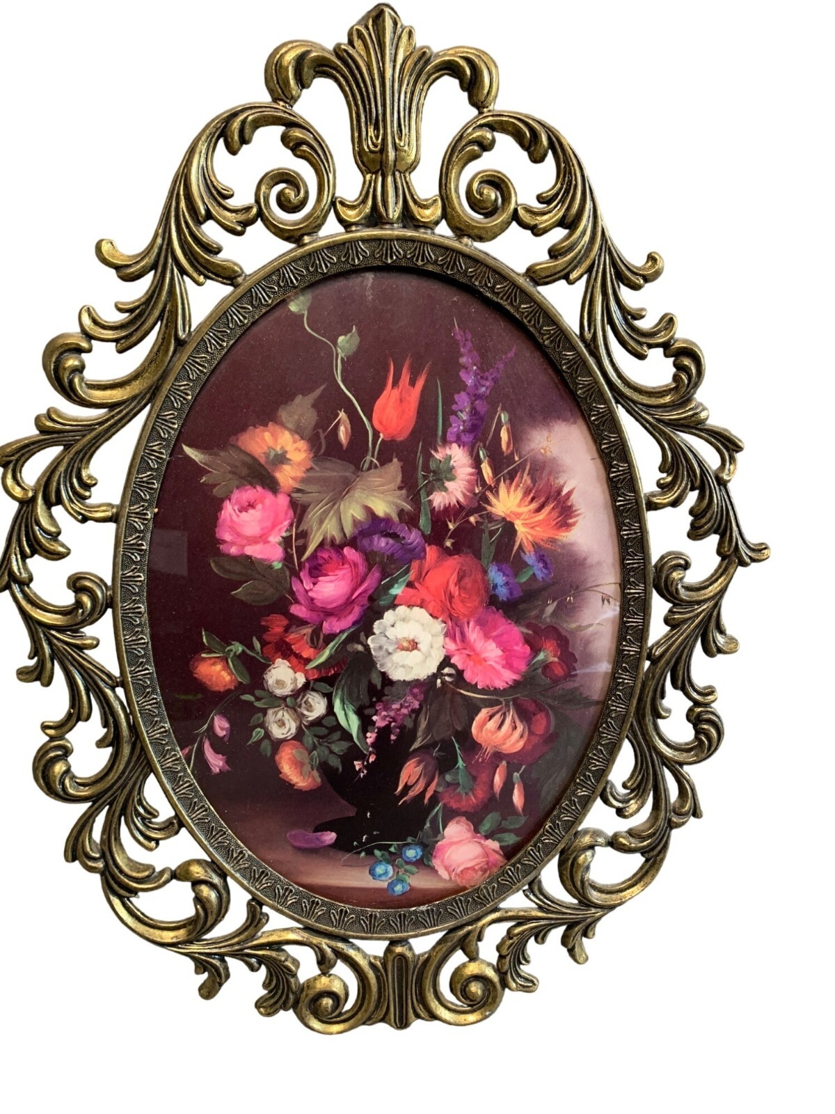 Vintage Brass Oval Ornate Convex Flowers Picture Frame Made