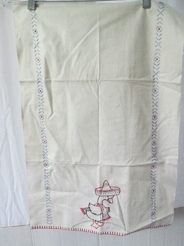 Vintage Embroidered Duck w Sombrero Linen Dresser Scarf Table Runner 23