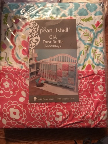 Gia Aqua Blue & Coral Pink Floral & Geometric Prints Layered Crib Dust Ruffle