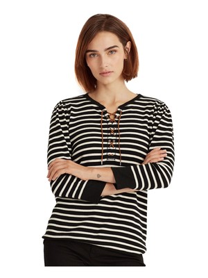 

LAUREN RALPH LAUREN Женский черный полосатый топ с круглым вырезом и рукавами 3/4 Petites