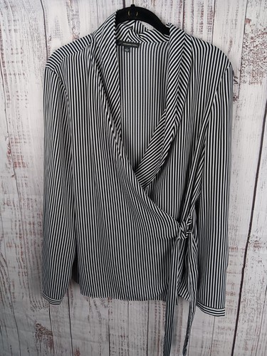 Adrianna Papell Blouse Woman's L Black White Striped Long Sleeve Front Tie 