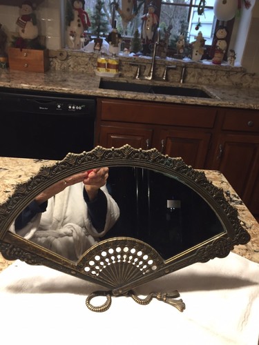 ANTIQUE METAL VICTORIAN FAN SHAPE MIRROR W/EASEL STAND