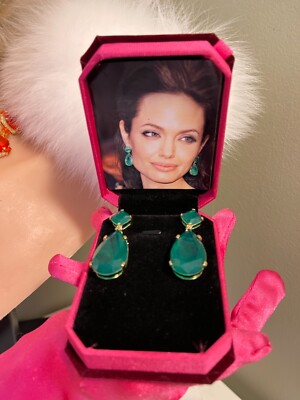 ANGELINA JOLIE INSPIRED GENUINE ZAMBIAN EMERALD DROP EARRINGS 18K GOLD VERMEIL