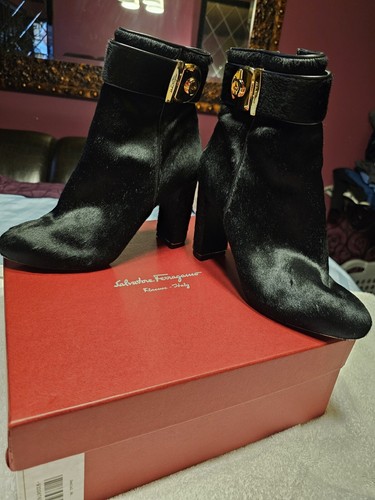 Salvatore Ferragamo FIAMMA calf hair ankle boots, black, sz