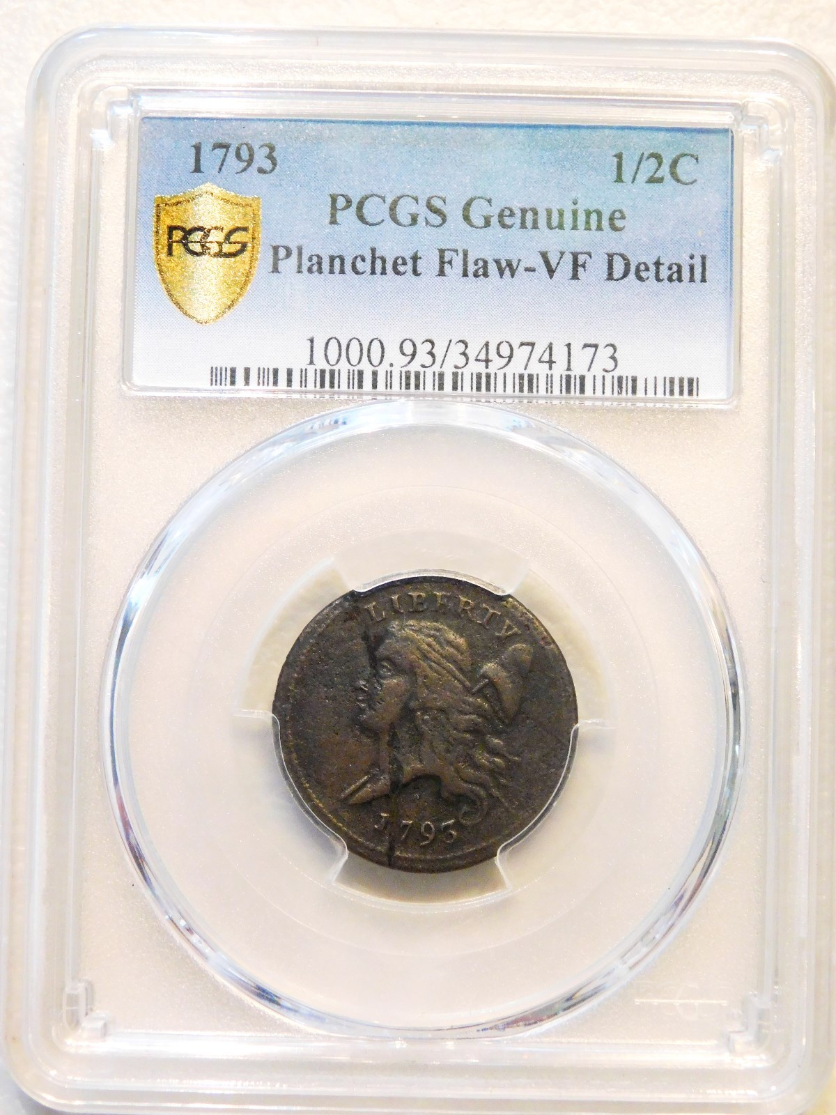RARE 1793 Half Cent 1/2c PCGS VF w/ planchet flaw minting error - Beautiful Coin